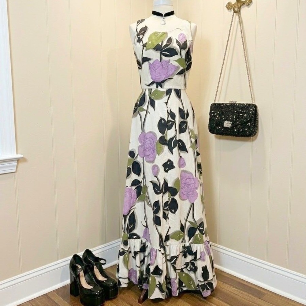 Vintage Floral Maxi Dress Ruffle Sleeveless Formal Brunch Summer Small/Med‎
